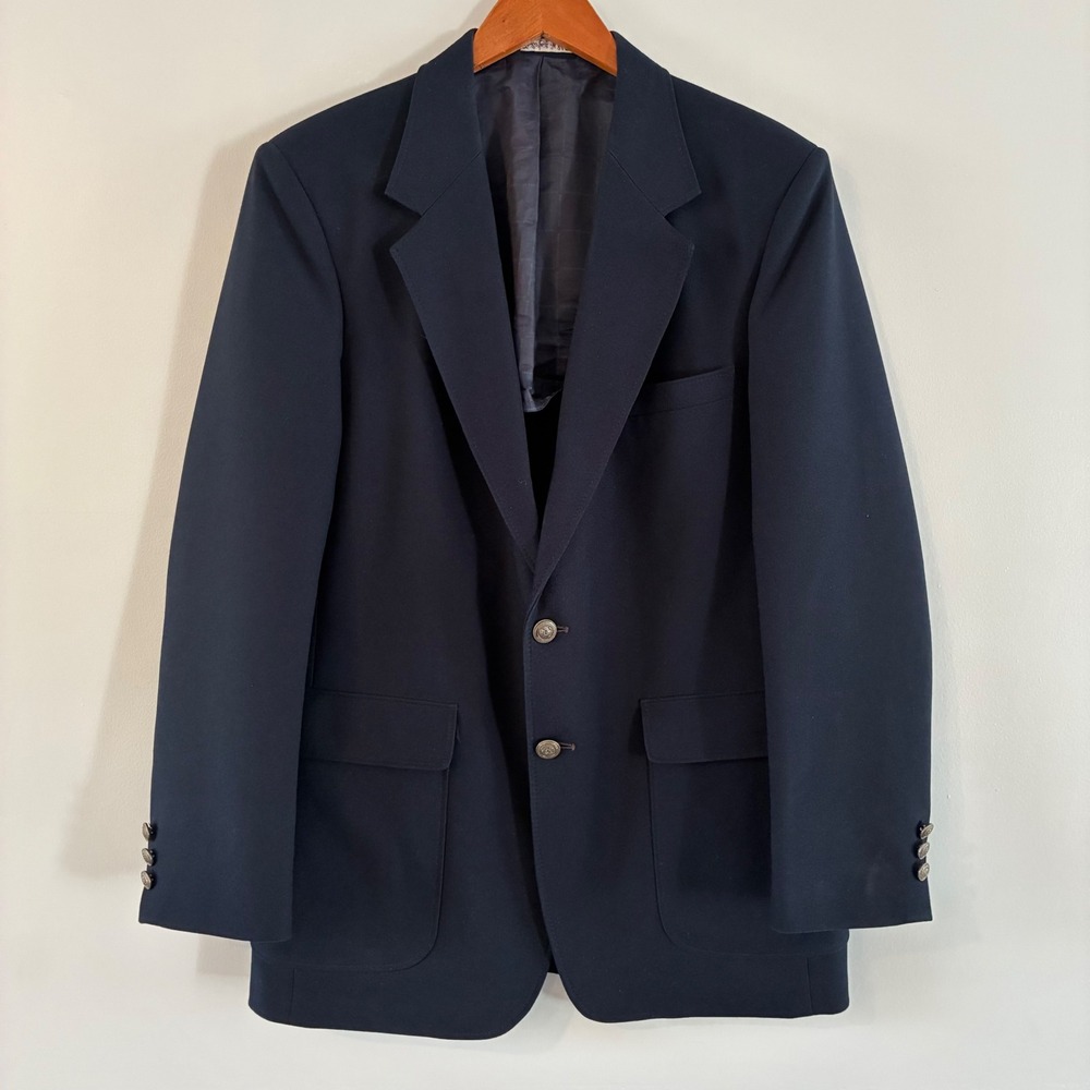 Perma-Prest Blazer Mens Navy Blue Classic Collection Tailored Crest Buttons